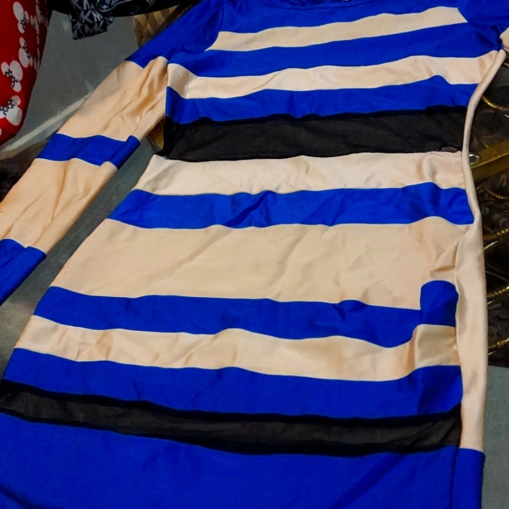 Beige and Blue custom made bodycon dress size Medium stretchy material